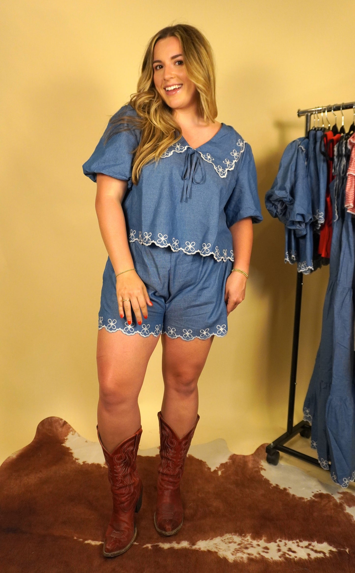 women's denim embroidered top with peter pan color and front bow part of a matching set