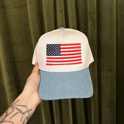 American Flag Denim Trucker Hat