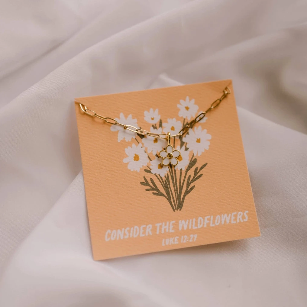 Gold plated paperclip chain necklace with enamel white flower charm. Christian women dainty jewelry.