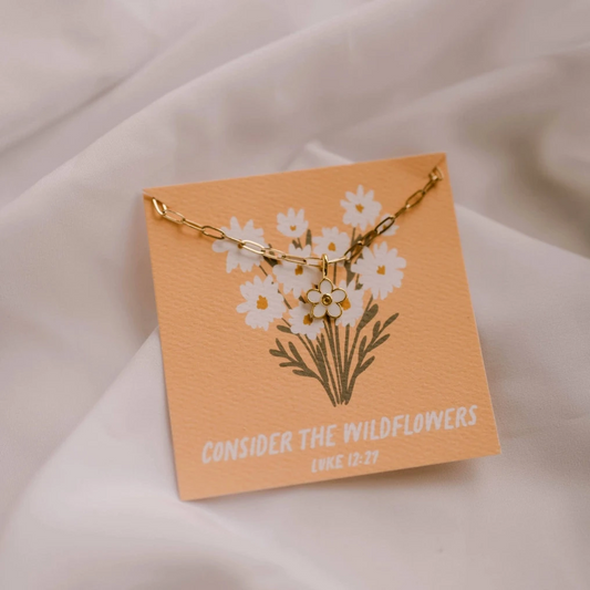 Gold plated paperclip chain necklace with enamel white flower charm. Christian women dainty jewelry.