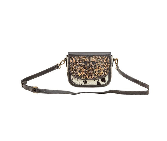 Western women's genuine cowhide hand tooled crossbody purse