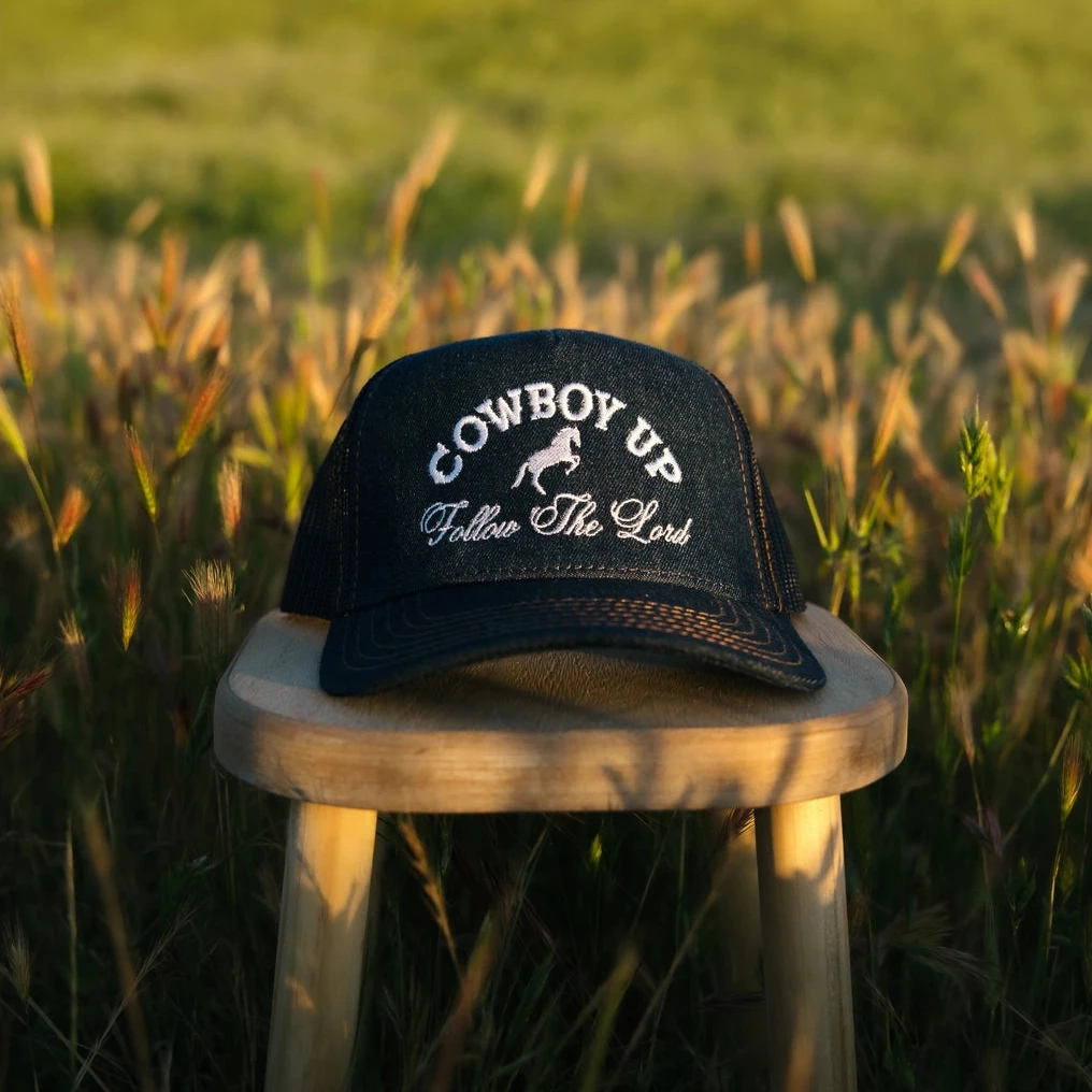 denim faith based western trucker hat