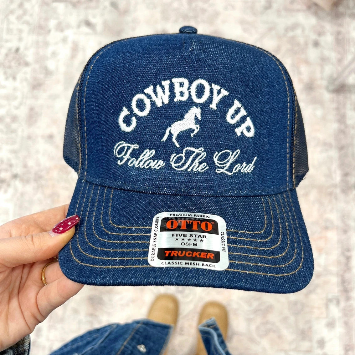 Cowboy Up Denim Trucker Hat