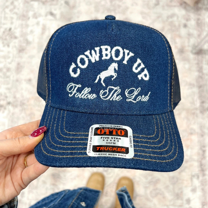 Cowboy Up Denim Trucker Hat