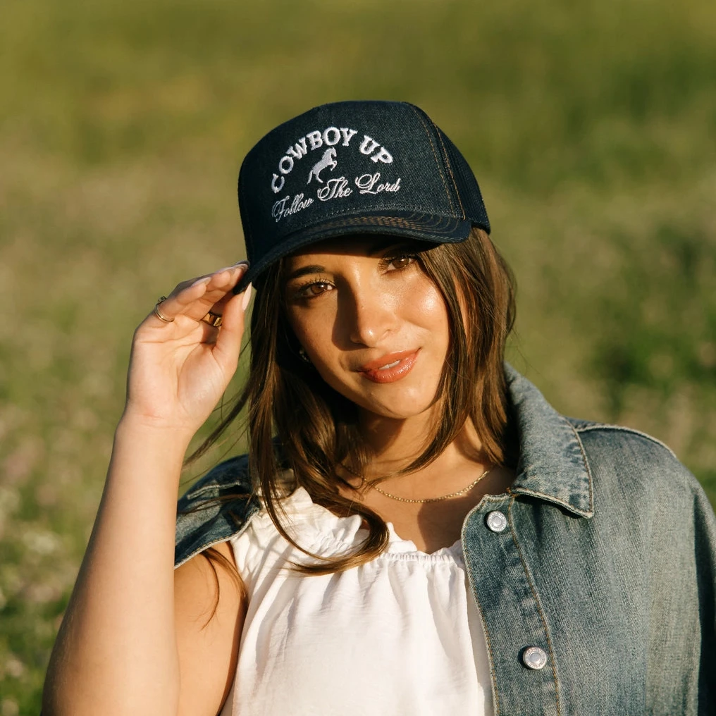 Cowboy Up Denim Trucker Hat