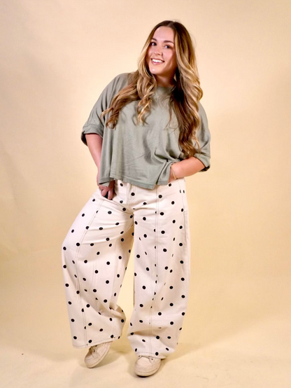 cream and black polka dot print barrel jeans for women.
