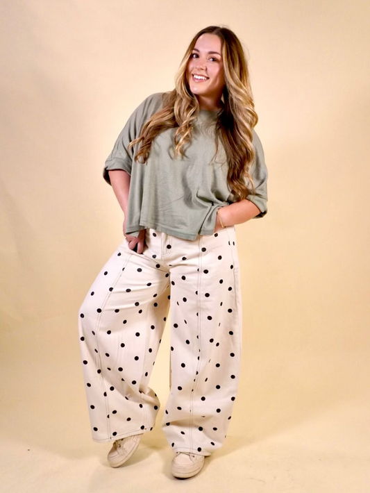 cream and black polka dot print barrel jeans for women.