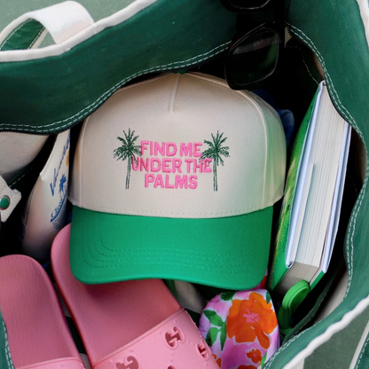Women's Summer trucker hat with 'Find me under the palms' text. Summer vacation hats.