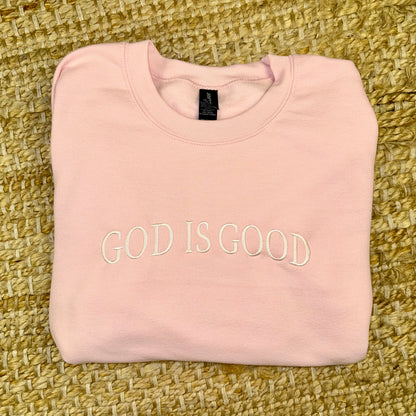 god is good pink christian crewneck