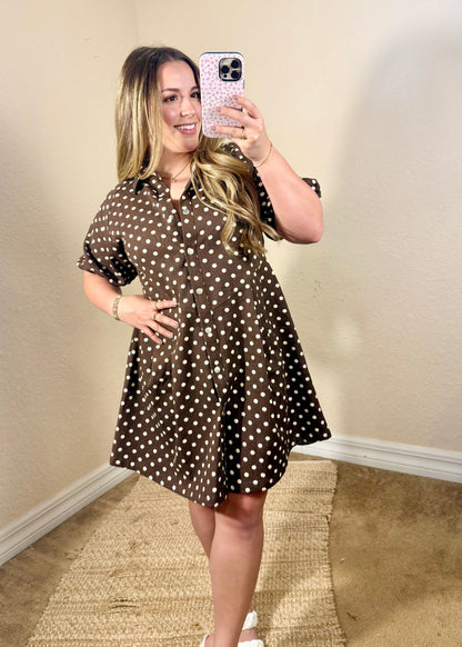 Women's chocolate brown and ivory polka dot mini dress for apple picking, fall festivals, and everyday autumn outfits.