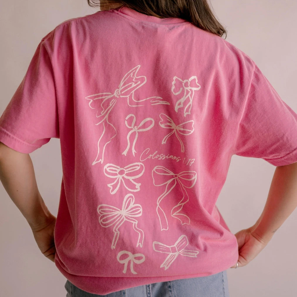 Christian coquette women's graphic tee with bows and bible verse