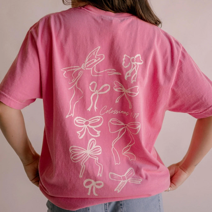 Christian coquette women's graphic tee with bows and bible verse
