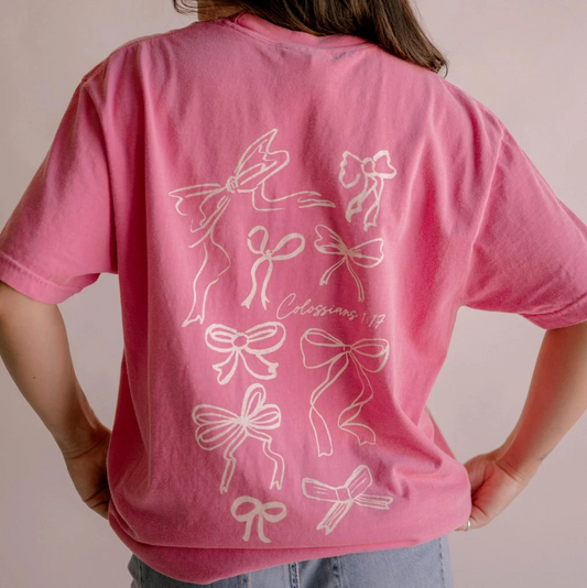 Christian coquette women's graphic tee with bows and bible verse