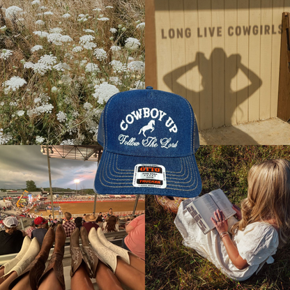 Cowboy Up Denim Trucker Hat