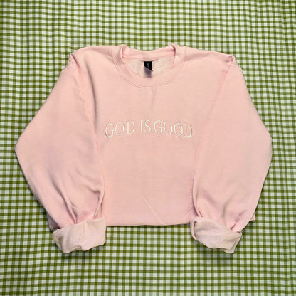 god is good pink christian crewneck. women's faith based apparel 