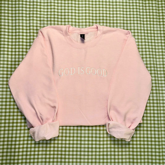 god is good pink christian crewneck. women's faith based apparel 