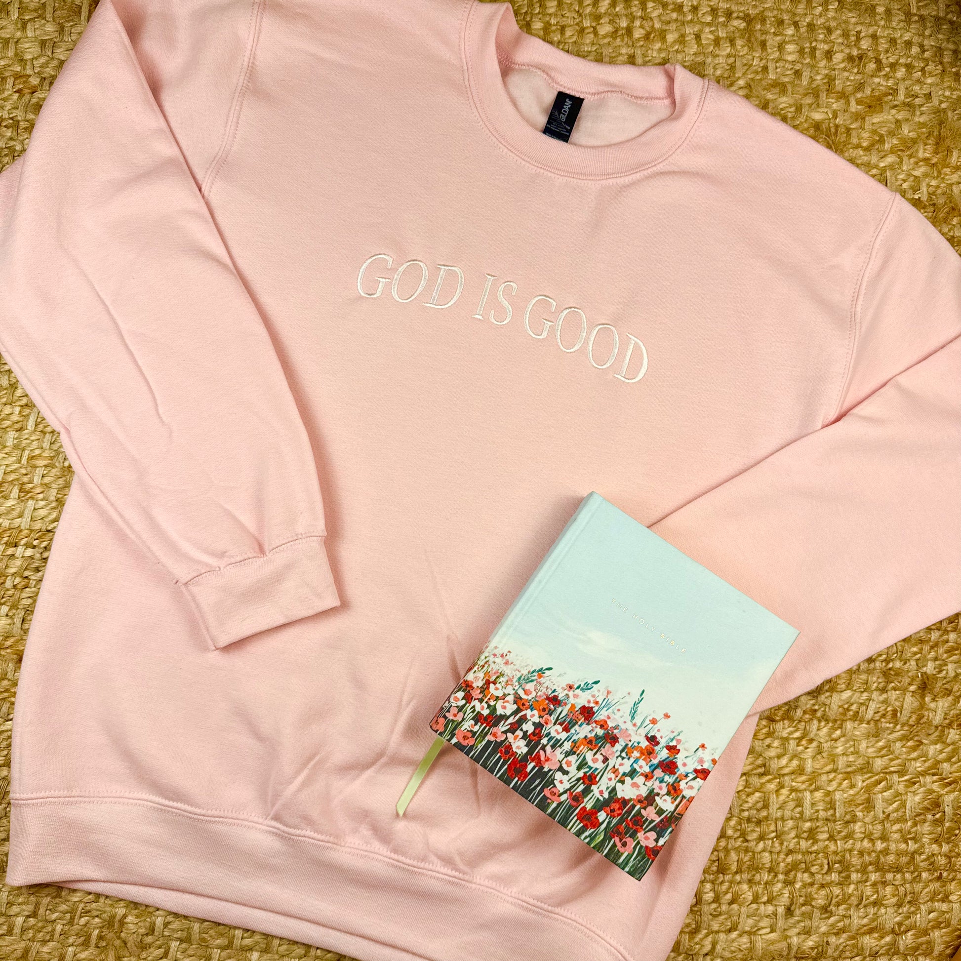 god is good pink christian crewneck