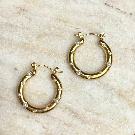 Heavenly Pearl Hoops | 18K Gold Plated