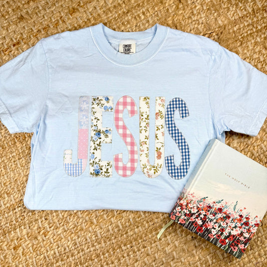 patchwork style t-shirt with jesus stitched on it. christian women's boutique, christian women's t-shirts and accessories