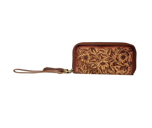 Western women's hand-tooled leather floral full-sized wallet with removable wristlet strap