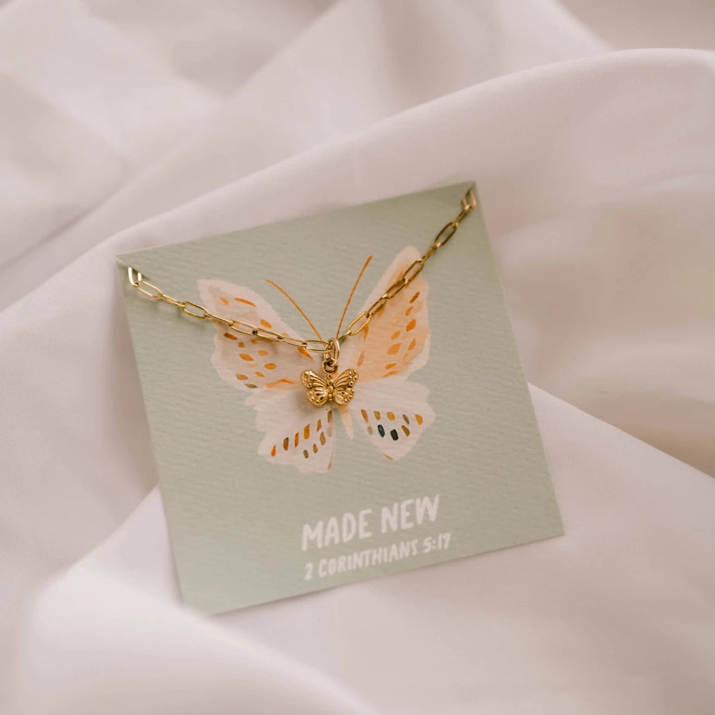 Women's faith based necklace. Gold plated paperclip chain necklace with butterfly charm. Christian woman gift ideas.