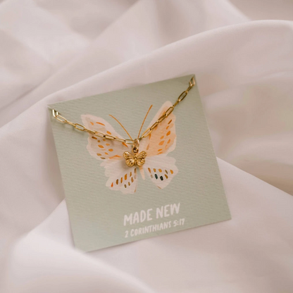 Women's faith based necklace. Gold plated paperclip chain necklace with butterfly charm. Christian woman gift ideas.