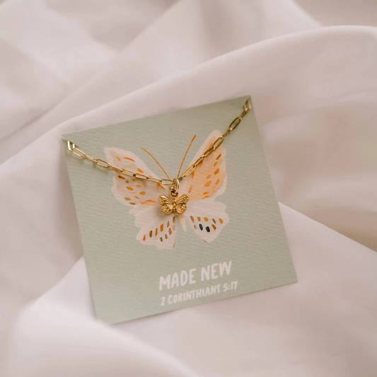 Women's faith based necklace. Gold plated paperclip chain necklace with butterfly charm. Christian woman gift ideas.
