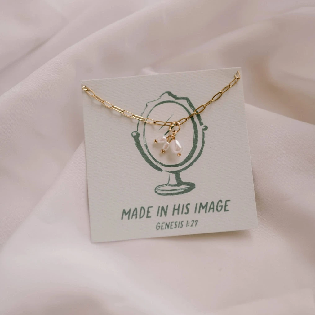 Gold plated paperclip chain necklace with three pearl charms hanging from it. Perfect Christian woman gift ideas.