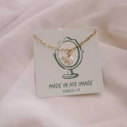 Gold plated paperclip chain necklace with three pearl charms hanging from it. Perfect Christian woman gift ideas.