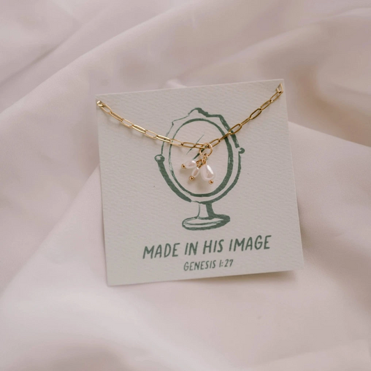 Gold plated paperclip chain necklace with three pearl charms hanging from it. Perfect Christian woman gift ideas.