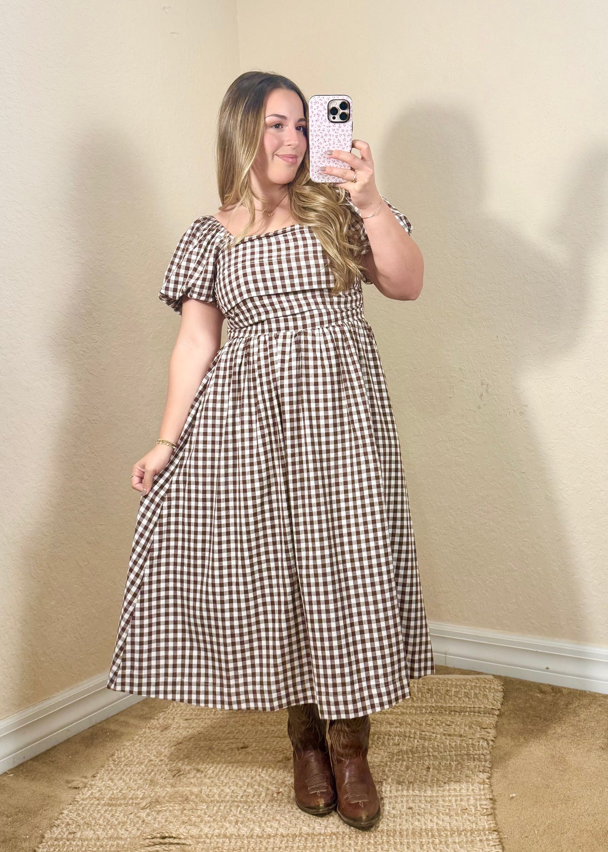 Maple brown and ivory gingham midi dress with a square neckline, puff sleeves, and a flattering smocked bodice.