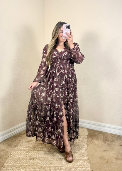women's fall maxi dress perfect for fall wedding guests, thanksgiving or church during the cooler months.