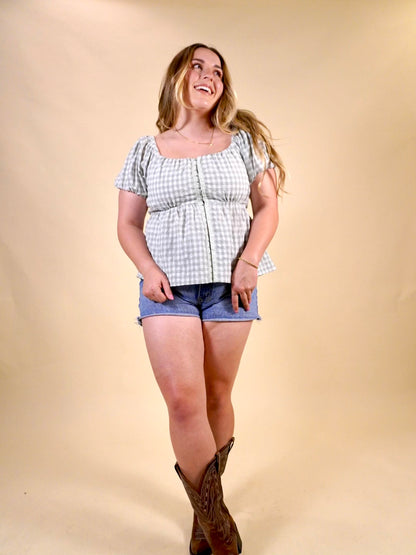 Sage Gingham Babydoll Top