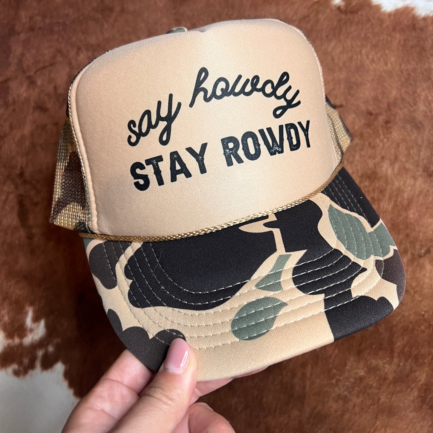 say howdy stay howdy trucker hat women's camo trucker hat western trucker hat