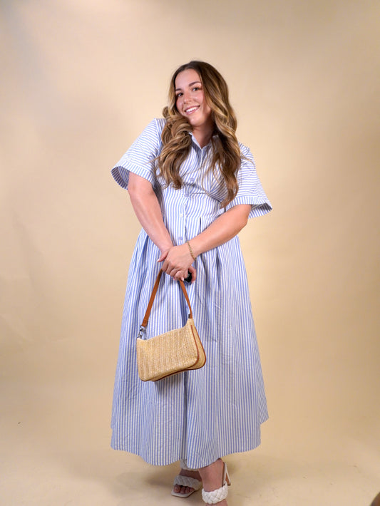 women's summer maxi dress with pleats and blue and white strips. 