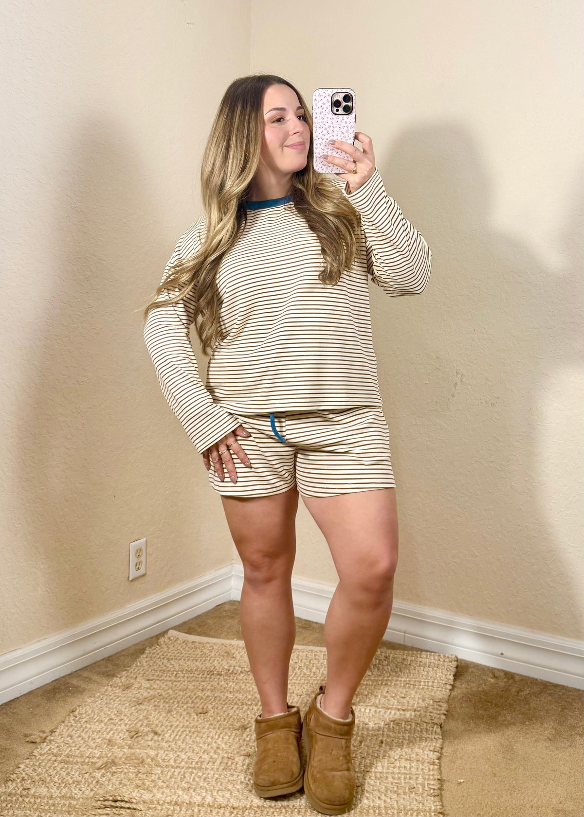 cream, brown and blue striped lounge set.