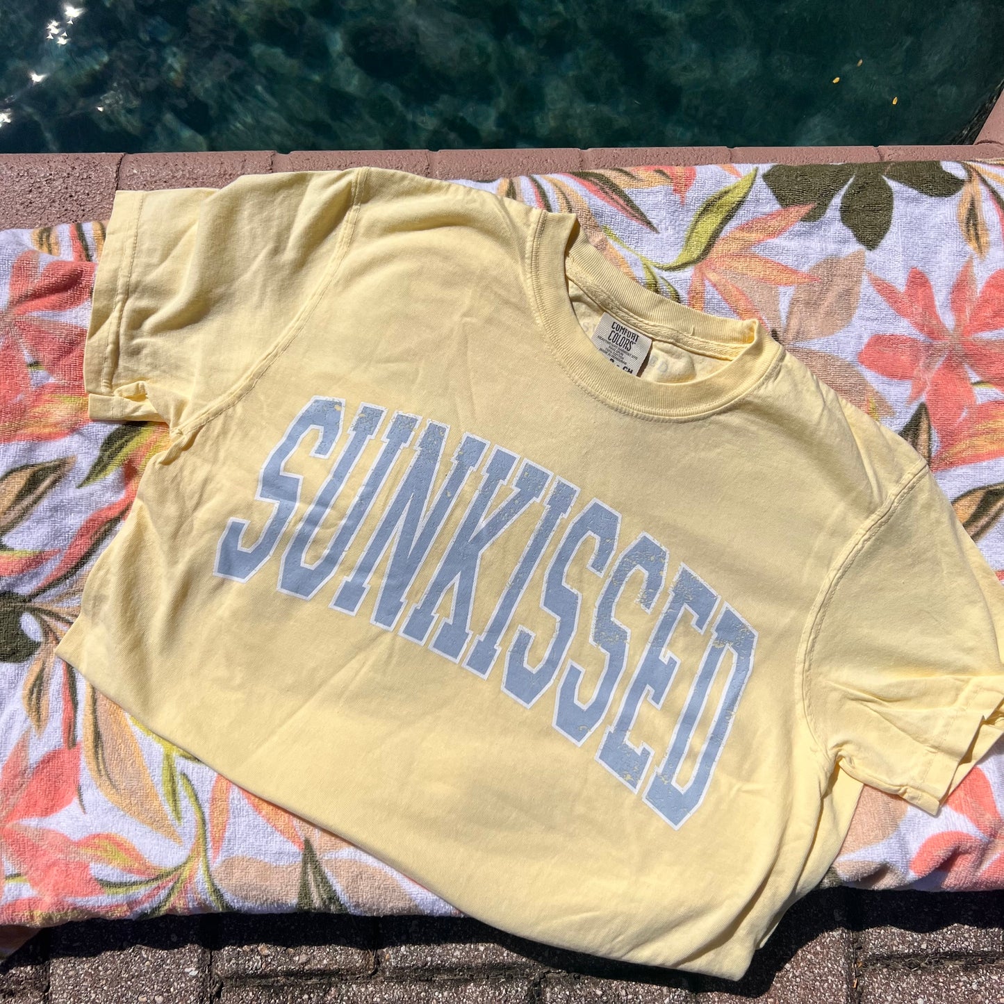 Women's yellow and baby blue sun kissed comfort colors t-shirt for summer and beach/pool cover up