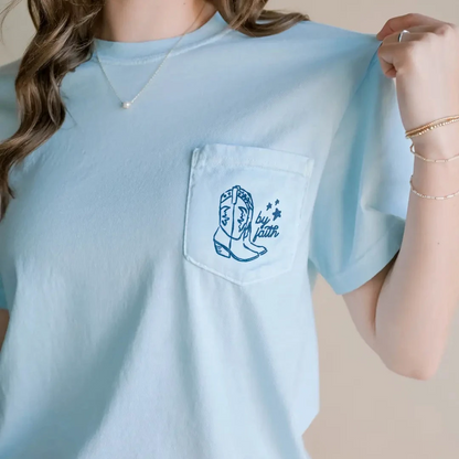 christian women's graphic tee with walk by faith and cowgirl boot on it.