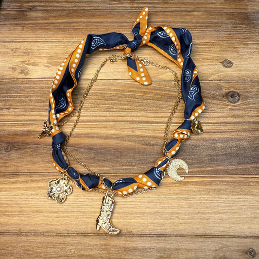 Trendy Western Scarf necklace with gold charms. Perfect addition to a classy chic western look.
