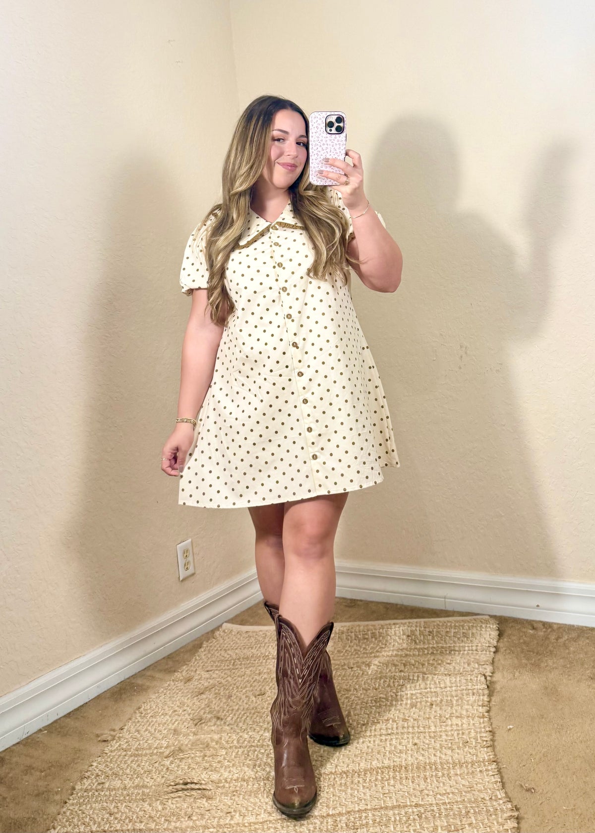Cute vintage-inspired polka dot mini dress for women, perfect for apple picking, Thanksgiving, and fall photos.