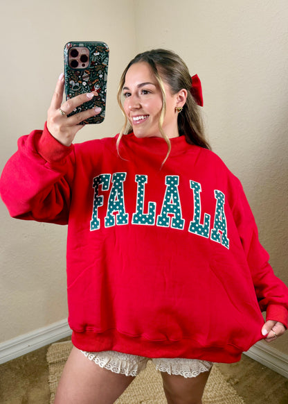 fa la la christmas red mock neck with embroidered green polka dots