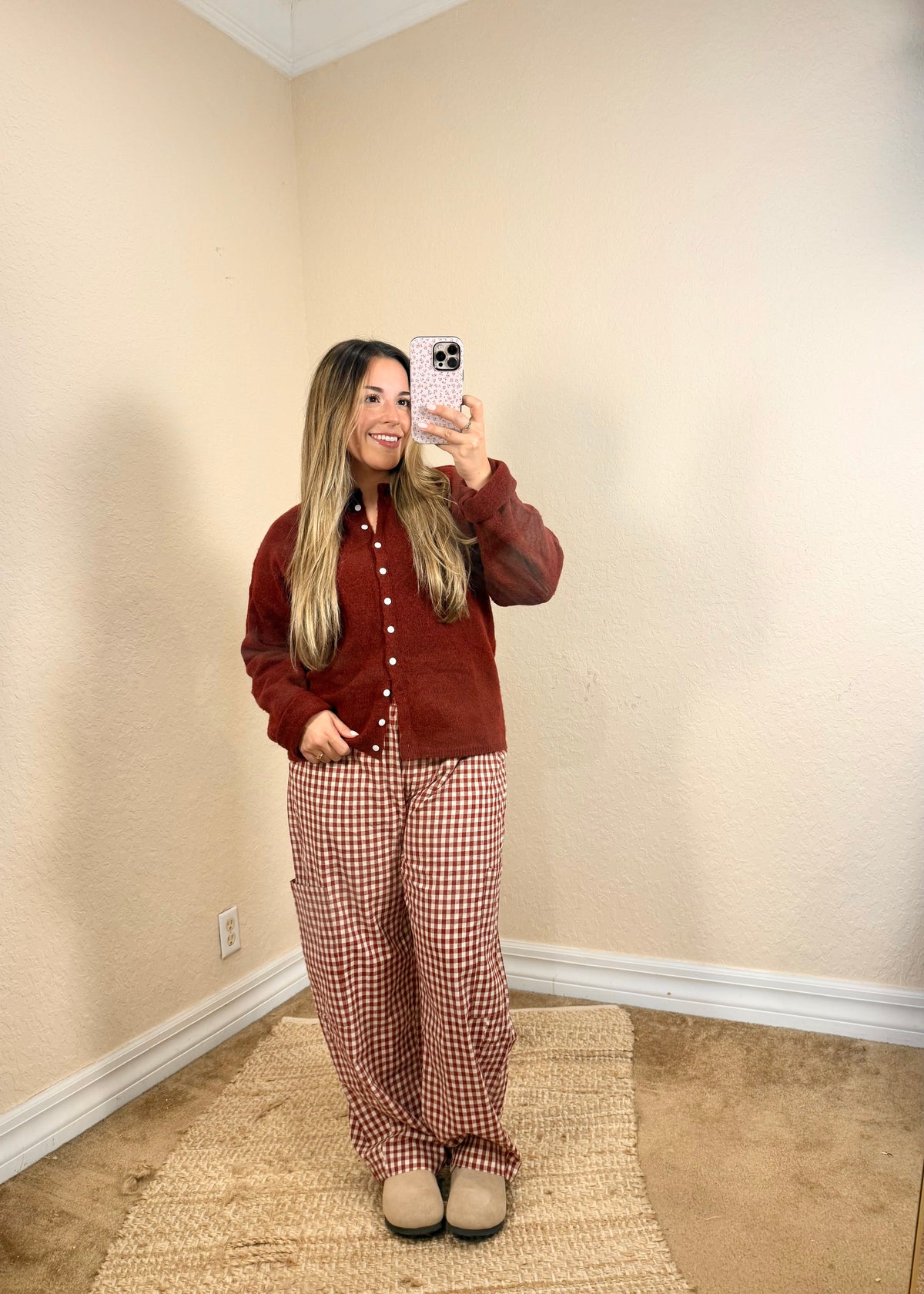 red gingham pants and burgundy outfit for fall