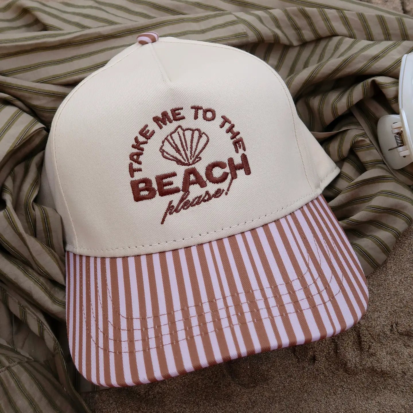 Take Me To the Beach Striped Trucker Hat